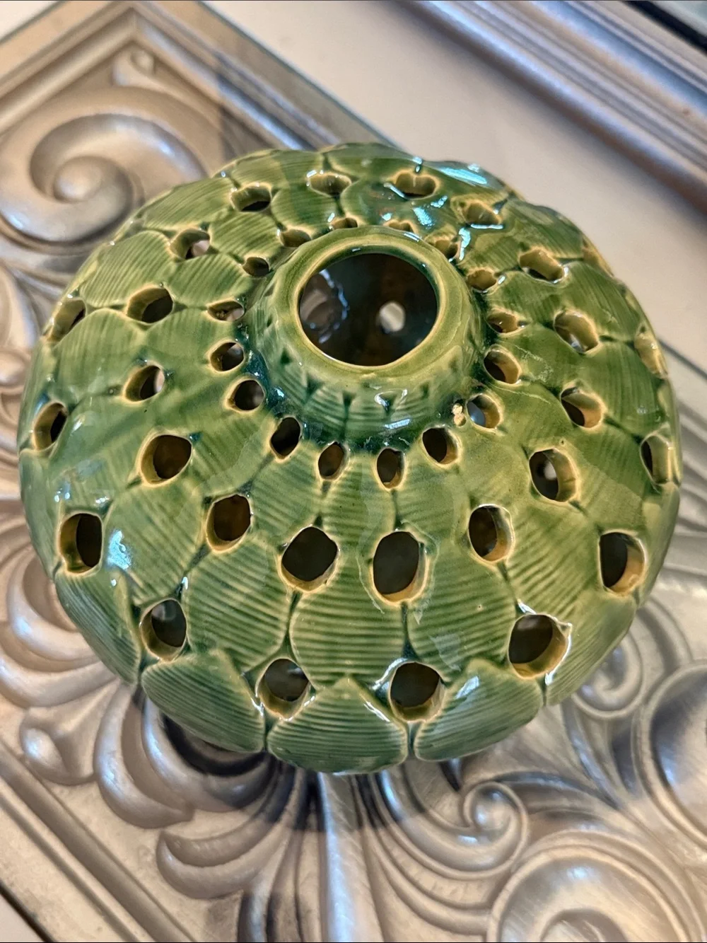 Vintage Green Leaf Reticulated Glazed Ceramic Lantern Vase